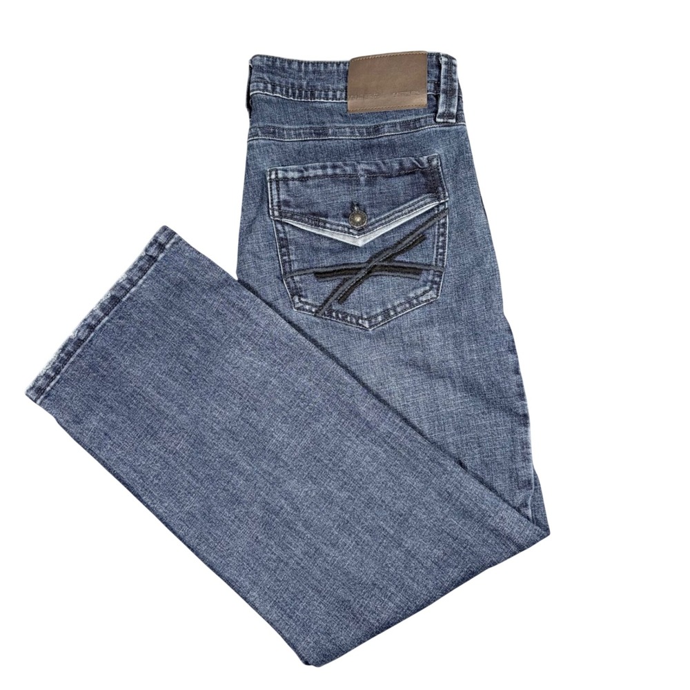 TK Axel Mens Slim Bootcut Jeans Medium Wash Blue Denim 32x30 Distressed Hem